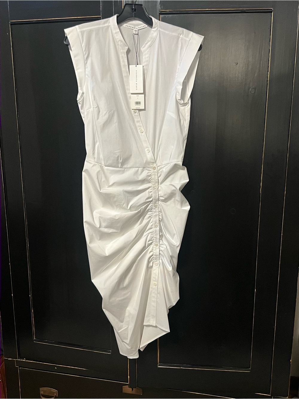 Veronica Beard White Ruched Button-Front Midi Dress